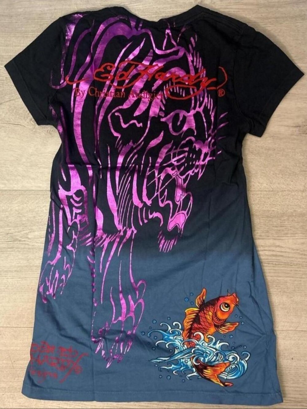 Vintage Emo Y2K Deadstock Purple Foil Ed Hardy Shirt Women's Size Medium